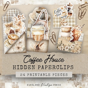 Coffee Hidden Paperclip Kit, Coffee Junk Journal Folio Hidden Paperclips,Hidden Paperclip Digital Pocket,Coffee Stains Junk Journal Ephemera