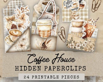 Coffee Hidden Paperclip Kit, Coffee Junk Journal Folio Hidden Paperclips,Hidden Paperclip Digital Pocket,Coffee Stains Junk Journal Ephemera