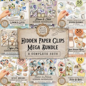 Può includere: Un mega pacchetto digitale di 8 set completi di graffette nascoste stampabili con vari temi come Lemons & Lattes, Bloom & Stitch, Steeped Elegance, Coffee House, Just Peachy Keen, Steep Dreams, Flutter & Bloom e Peek-A-Bugs.
