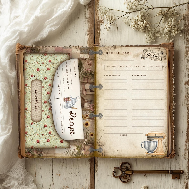 May include: Open recipe book with a vintage aesthetic. The book features a floral patterned pocket with the text "Sprinkle Joy." A recipe card is inserted, and the right page has space for ingredients and directions. A key lies below.