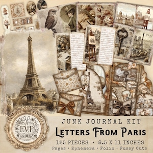 Może przedstawiać: Zestaw do junk journal w stylu vintage zatytułowany "Letters From Paris". Zestaw zawiera 125 elementów, w tym strony, efemerydy, folio i precyzyjne wycięcia. Projekt zawiera obrazy w odcieniach sepii Wieży Eiffla, ilustracje w stylu vintage i wzory kwiatowe. Strony mają wymiary 21,6 x 27,9 cm.