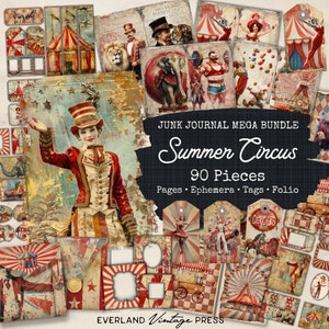 Circus Junk Journal Kits Bundle -90 Pieces, Vintage Circua Ephemera, Summer Circus Junk Journal Kit Extras, Ephemera Cards, Digital Collage