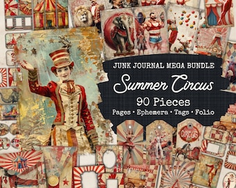 Circus Junk Journal Kits Bundle -90 Pieces, Vintage Circua Ephemera, Summer Circus Junk Journal Kit Extras, Ephemera Cards, Digital Collage