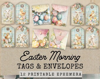 May include: Twelve printable Easter tags and envelopes featuring a pastel color scheme with images of chicks, lambs, and eggs. The text "Easter Morning Tags & Envelopes" and "12 Printable Ephemera" is included in the image.