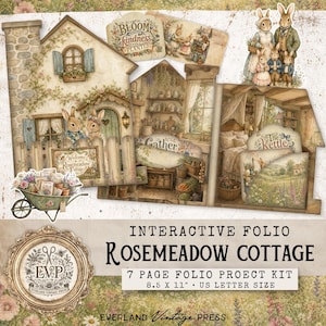May include: An interactive folio project kit titled Rosemeadow Cottage, featuring 7 pages of vintage-style illustrations of rabbit characters, a cottage exterior, kitchen, and bedroom scenes, with text including Bloom Where Kindness Is Planted and The Kettle.