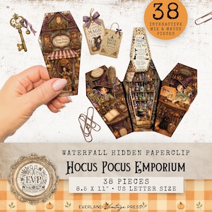 May include: A Hocus Pocus Emporium paper craft kit featuring 38 interactive mix and match pieces on an 8.5 x 11 inch US letter size sheet. The set includes coffin-shaped shop fronts, witch illustrations, potion bottles, tags, and a vintage key.