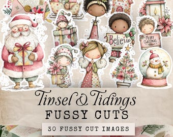 Retro Christmas Fussy Cuts, Snowmen Fussy Cuts, 30 Digital Download Pink Christmas Fussy Cuts, Whimsical Christmas Clipart Fussy Cuts