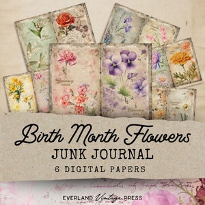 Birth Month Flower Junk Journal, Watercolor Wildflowers Junk Journal Kit, 6 Digital Journal Pages, Paper Craft, Vintage Ephemera
