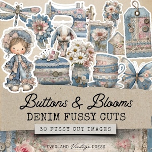 Puede incluir: Una colección de imágenes recortadas con temática de mezclilla que presenta una libélula, una máquina de coser, un conejito, una muñeca, flores, tazas de té y una mariposa. Las imágenes son en tonos de azul, rosa y blanco, con el texto "Buttons & Blooms" y "DENIM FUSSY CUTS".