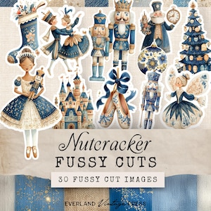 May include: A collection of "Nutcracker Fussy Cuts" featuring watercolor illustrations of ballet dancers, nutcrackers, a castle, and a Christmas tree. The images are predominantly blue and white, with accents of gold and beige. The text reads "Nutcracker Fussy Cuts" and "30 Fussy Cut Images."