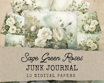 Sage Green Rose Junk Journal Double Pages, 10 Floral Digital Journal Pages, Paper Craft, Vintage Ephemera, Vintage English Rose Junk Journal