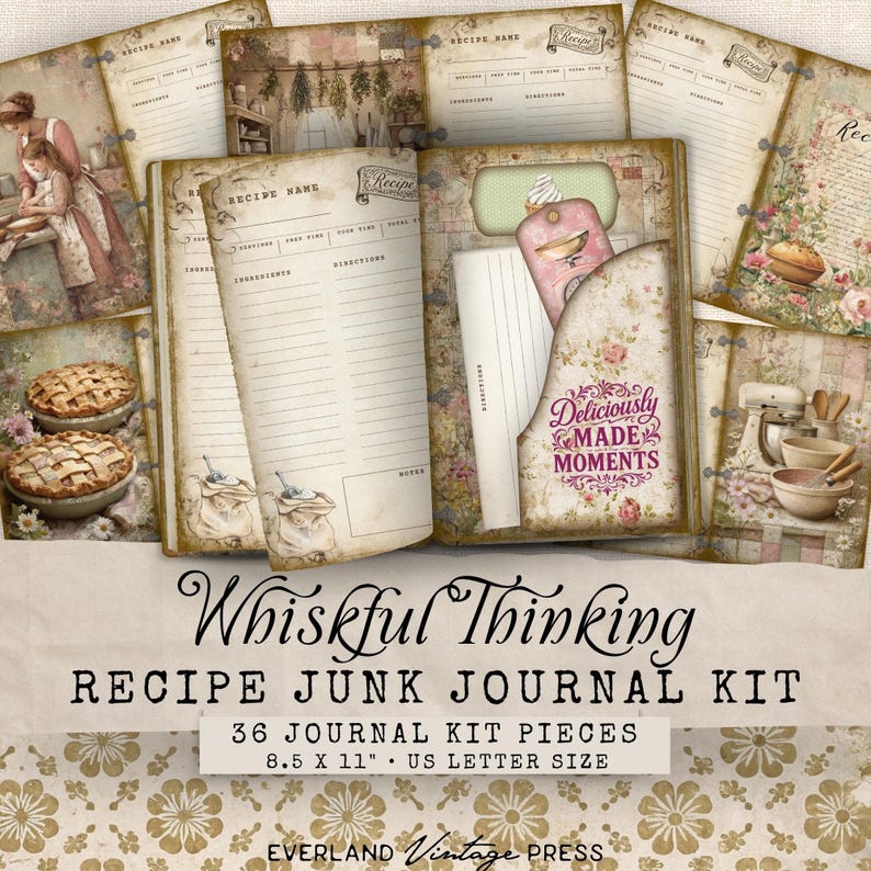 May include: A vintage-style recipe junk journal kit with a floral and pastel color scheme. The kit includes recipe pages, decorative elements, and the text "Whiskful Thinking Recipe Junk Journal Kit". The journal kit is 8.5 x 11 inches.