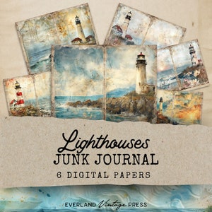 Lighthouse Junk Journal Kit, Beach Theme Junk Journal Pages, Ocean Theme Junk Journal, 6 Digital Journal Pages, Coastal Junk Journal Kit