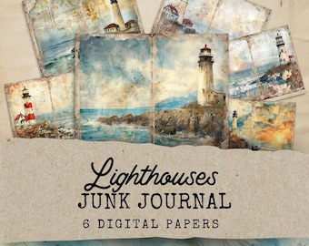 Lighthouse Junk Journal Kit, Beach Theme Junk Journal Pages, Ocean Theme Junk Journal, 6 Digital Journal Pages, Coastal Junk Journal Kit