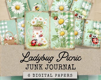 May include: Digital papers featuring a daisy and ladybug theme. The papers have a vintage aesthetic with a light green and white color scheme. The text "Ladybug Picnic" and "Junk Journal" are visible.
