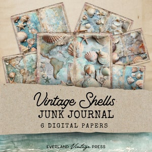Coastal Junk Journal Kit, Beach Theme Junk Journal Pages, Ocean Theme Junk Journal,6 Digital Journal Pages, Ephemera, Junk Journal Kit Shell