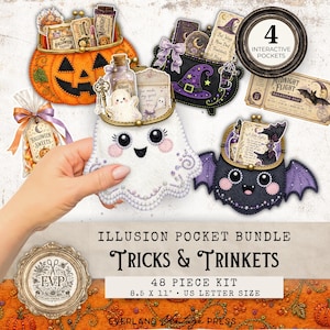 Può includere: Un kit da 48 pezzi Tricks & Trinkets illusion pocket bundle di 21,6 per 27,9 cm. Il set include pochette in feltro a forma di zucca, fantasma, calderone e pipistrello, ognuna contenente elementi decorativi in carta a tema Halloween.