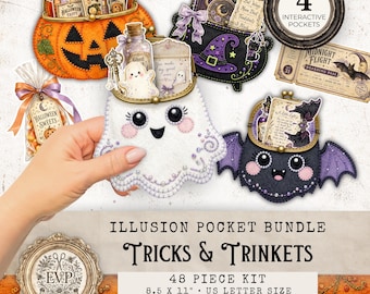 May include: A 48-piece Tricks & Trinkets illusion pocket bundle kit in US letter size 8.5 by 11 inches. The set features felt-style pouches shaped like a pumpkin, a ghost, a cauldron, and a bat, each containing decorative Halloween-themed paper ephemera.