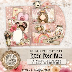 以下が含まれることがあります： 女の子、花、虹のイラストが描かれた、"Rosy Posy Pals"というタイトルのピンク色のフォリオポケットキット。 キットには38個のパーツが含まれており、サイズは21.6 x 27.9 cmです。 "Sunshine Whimsy"という言葉も表示されています。