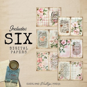 May include: A collection of six digital papers with floral and plaid patterns. Each paper features inspirational quotes like "God will provide" and "Trust in the Lord." The papers are adorned with pink flowers and vintage-style text.