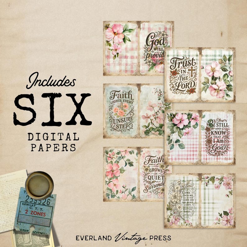 May include: A collection of six digital papers with floral and plaid patterns. Each paper features inspirational quotes like "God will provide" and "Trust in the Lord." The papers are adorned with pink flowers and vintage-style text.
