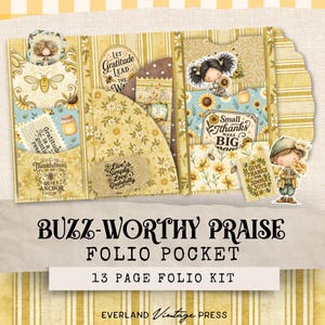 Puede incluir: Un kit de bolsillo folio amarillo y crema con dise&ntilde;os florales y de abejas. El kit incluye bolsillos, etiquetas y elementos decorativos con frases como "Gratitude" y "Small thanks make BIG magic". Se muestra el texto "Buzz-Worthy Praise".