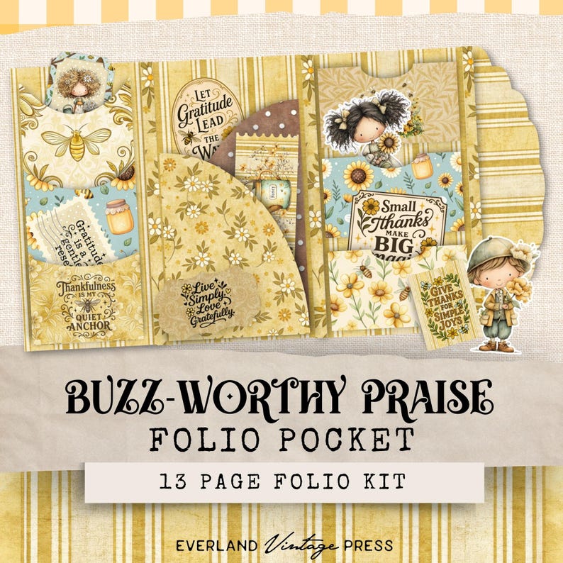 Puede incluir: Un kit de bolsillo folio amarillo y crema con dise&ntilde;os florales y de abejas. El kit incluye bolsillos, etiquetas y elementos decorativos con frases como "Gratitude" y "Small thanks make BIG magic". Se muestra el texto "Buzz-Worthy Praise".