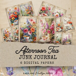 Documenti per diario spazzatura per tazze da tè, kit per diario spazzatura con fiori di campo ad acquerello, tè pomeridiano, 6 pagine di diario digitale, creazioni con la carta, collage digitale