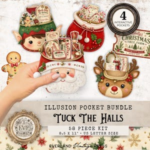 Könnte beinhalten: Ein 58-teiliges Bastelset mit dem Titel Tuck The Halls, das vier interaktive Taschen in Form eines Elfen, des Weihnachtsmanns, eines roten Sacks und eines Rentiers enthält. Das Set umfasst verschiedene weihnachtliche Papierausstanzungen und ein Schild für Holly's Christmas Tree Farm auf 21,6 x 27,9 cm großem Papier.