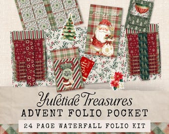 Junk Journal-adventskalender, juladventskalender med vattenfallsfolie, juladventslåda med skräpjournal, vintage julfoliekit