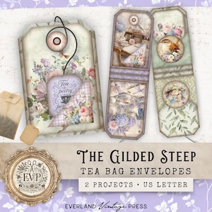 May include: A set of vintage tea bag envelopes with floral and botanical illustrations. The envelopes feature images of teacups, flowers, and birds. The text "Tea poetry" is visible on one of the tags. The envelopes are designed for US Letter size.