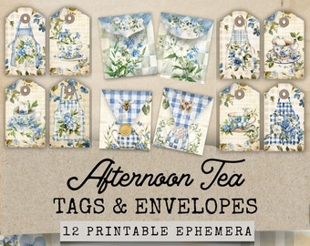 Nachmittagstee Junk Journal Tags und Umschläge, Junk Journal Teetassen und Rosen Tags, Papiermodelle, Vintage Ephemera, Blaue Rose Junk Journal
