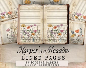 Meadow Garden Junk Journal, Lined Junk Journal Pages, Floral Lined Journal Pages Junk Journaling Kit, Floral Ephemera for Scrapbooking