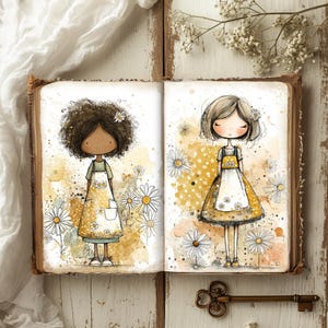 Puede incluir: Un libro abierto con ilustraciones en acuarela de dos ni&ntilde;as con vestidos amarillos rodeadas de margaritas. El libro est&aacute; sobre una superficie de madera blanca desgastada, con una llave vintage en la parte inferior. Un pa&ntilde;o blanco y ramitas de flores en el fondo.