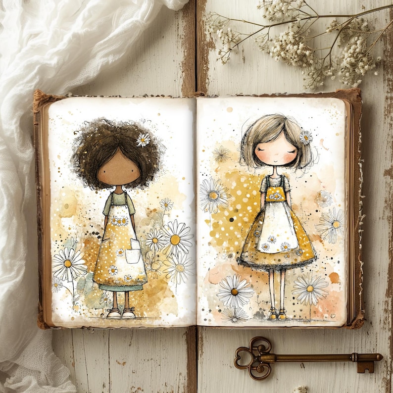 Puede incluir: Un libro abierto con ilustraciones en acuarela de dos ni&ntilde;as con vestidos amarillos rodeadas de margaritas. El libro est&aacute; sobre una superficie de madera blanca desgastada, con una llave vintage en la parte inferior. Un pa&ntilde;o blanco y ramitas de flores en el fondo.