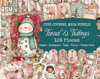 Kit de diario basura navideño retro con papeles digitales, diario basura estilo shabby chic, papel rayado para diario basura navideño, kit de folio navideño, recortes elegantes