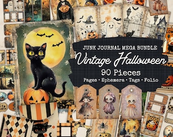 May include: A digital collage sheet featuring 90 vintage Halloween themed images. The images include pumpkins, ghosts, bats, witches, skeletons, and other spooky characters. The images are ideal for scrapbooking, card making, and other crafting projects.