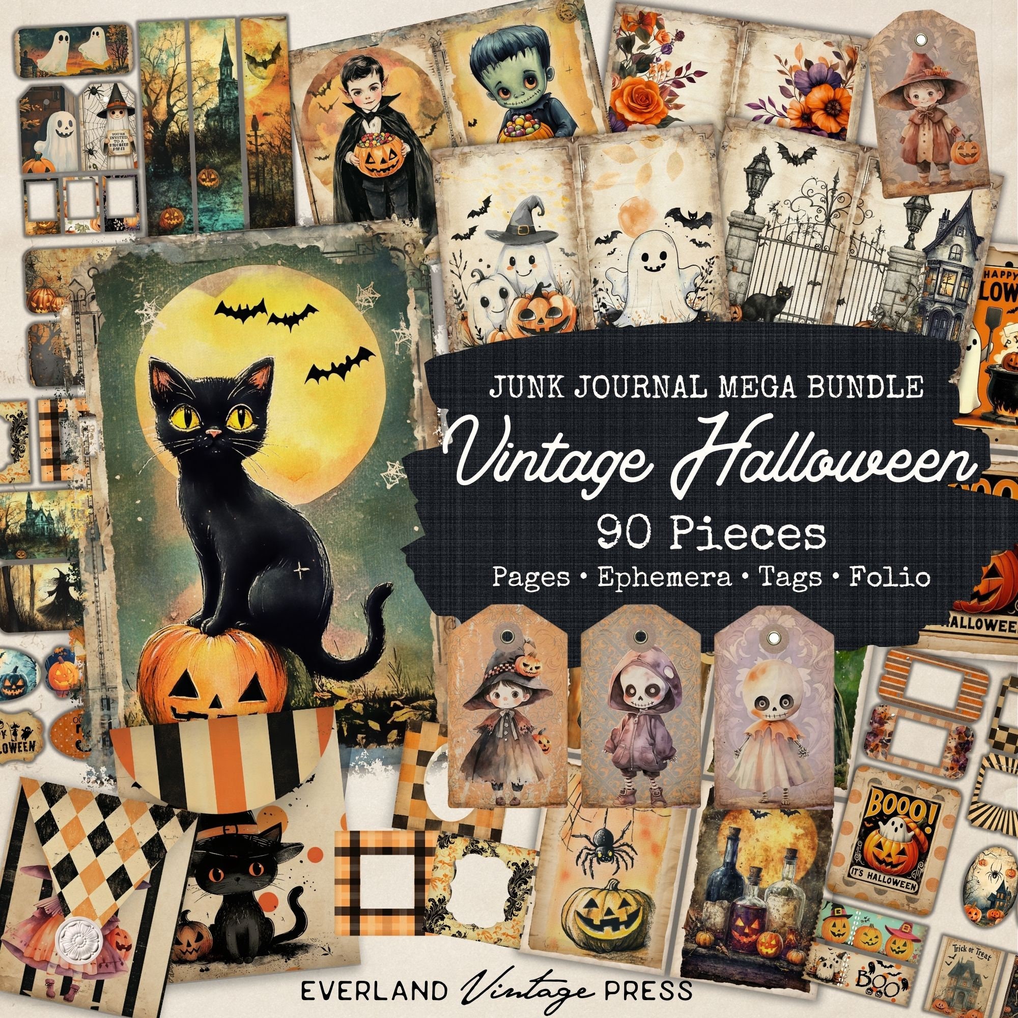 Vintage Halloween Junk Journal Bundle-90 Pieces, Vintage Halloween Ephemera, Halloween Junk Journal Folio, Halloween Ticket Junk Journal