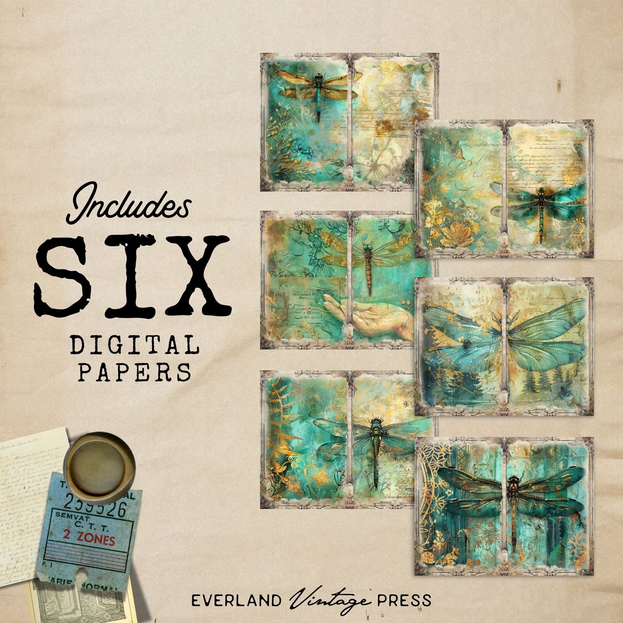 Dragonfly Junk Journal Papers, Teal and Gold Junk Journal Kit, 6 ...