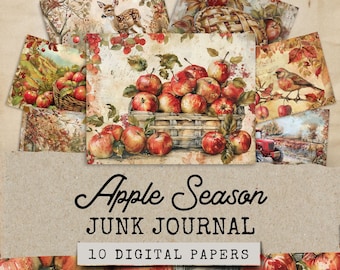 May include: A digital paper pack with 10 images featuring a fall theme with apples, leaves, and birds. The text "Apple Season Junk Journal 10 Digital Papers" is on the front of the pack.