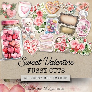 Valentines Fussy Cut Stickers, Valentine Junk Journal Folio Extras, Valentines Fussy Cuts Clipart, Pink Valentines Fussy Cuts