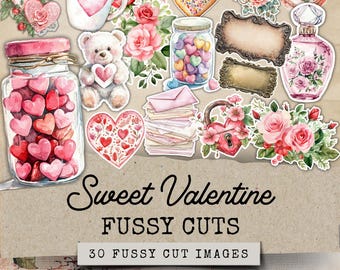 Valentines Fussy Cut Stickers, Valentine Junk Journal Folio Extras, Valentines Fussy Cuts Clipart, Pink Valentines Fussy Cuts