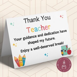 Danksagungskarte, Danksagungskarte für Lehrer, Danksagungskarte für Kindergartenpersonal zum Schuljahresende, Geschenk für Lehrer, Sofort-Download PDF