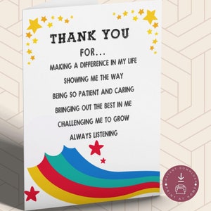 Tarjeta de agradecimiento para maestros imprimible, tarjeta de agradecimiento, tarjeta de agradecimiento para maestros, fin del período escolar, regalo para maestros, descarga instantánea en PDF