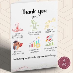 Carte de remerciement enseignant imprimable, carte de remerciement, carte de remerciement de l'enseignant, trimestre de fin d'année, cadeau enseignant, PDF à téléchargement immédiat