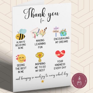 Merci pour la carte de professeur de maternelle imprimable, carte de remerciement pour professeur, fin d'école, cadeau pour professeur, carte de professeur, PDF à téléchargement immédiat