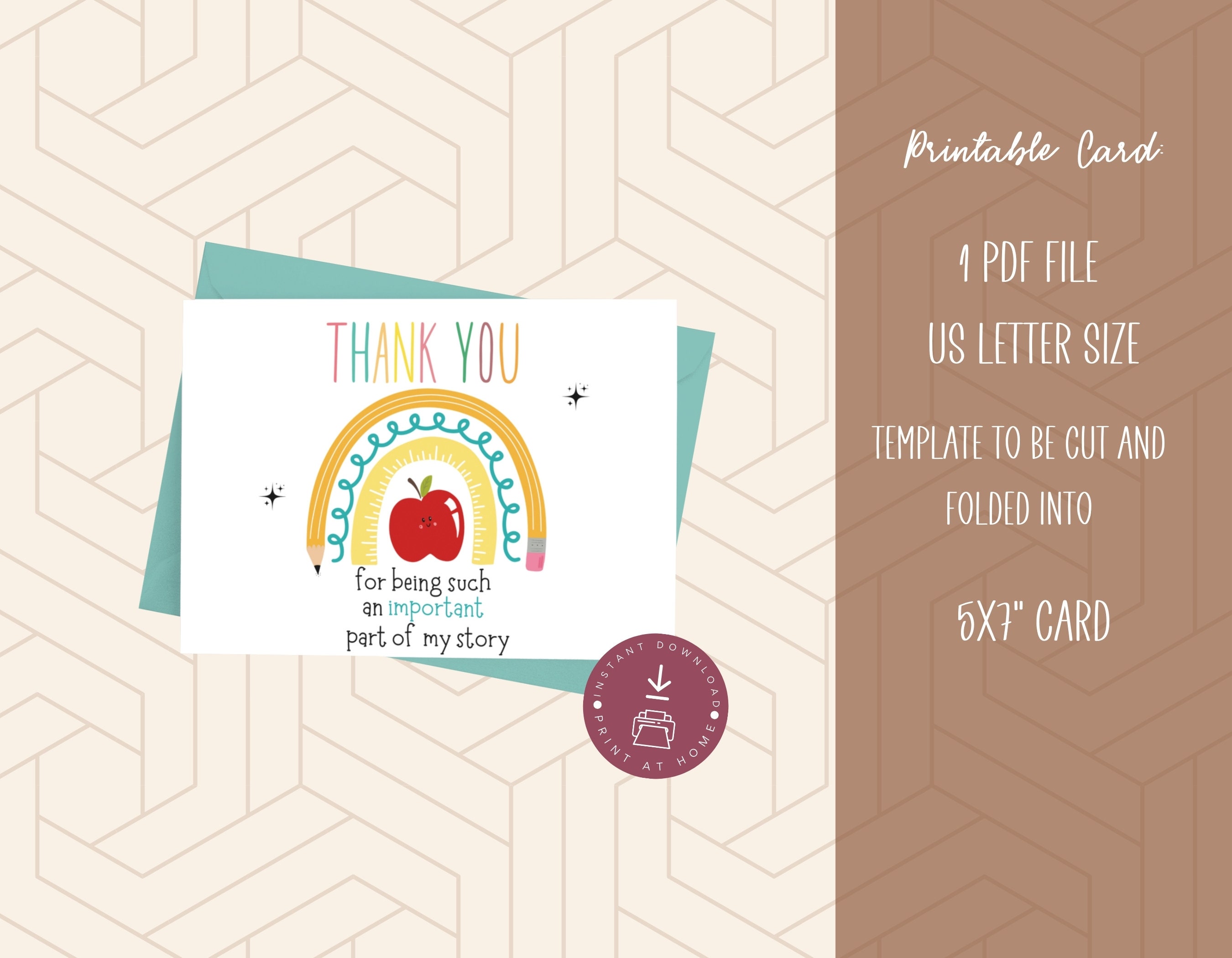 Teacher Thank You Card Thank You for Being Part of My Story Printable ...