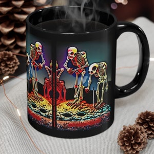 Silly Bonez 11oz Black Ceramic Coffee Mug. AI Art. Dark, Macabre, Surreal.