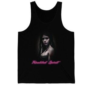 Troubled Spirit Unisex Jersey Tank, Mysterious and Tragic Ghost Woman, AI Art.
