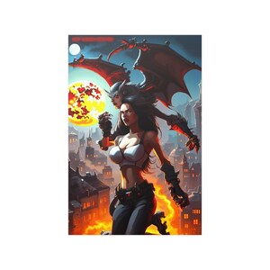 Cyborg Gargoyle 2.0 Satin Posters (210gsm) Warrior Woman in a city on fire.